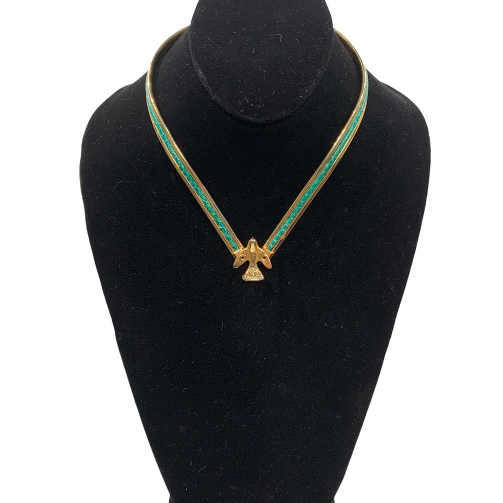 Vintage Brass and Turquoise Reptile Skin V-Shaped Bird Statement Necklace